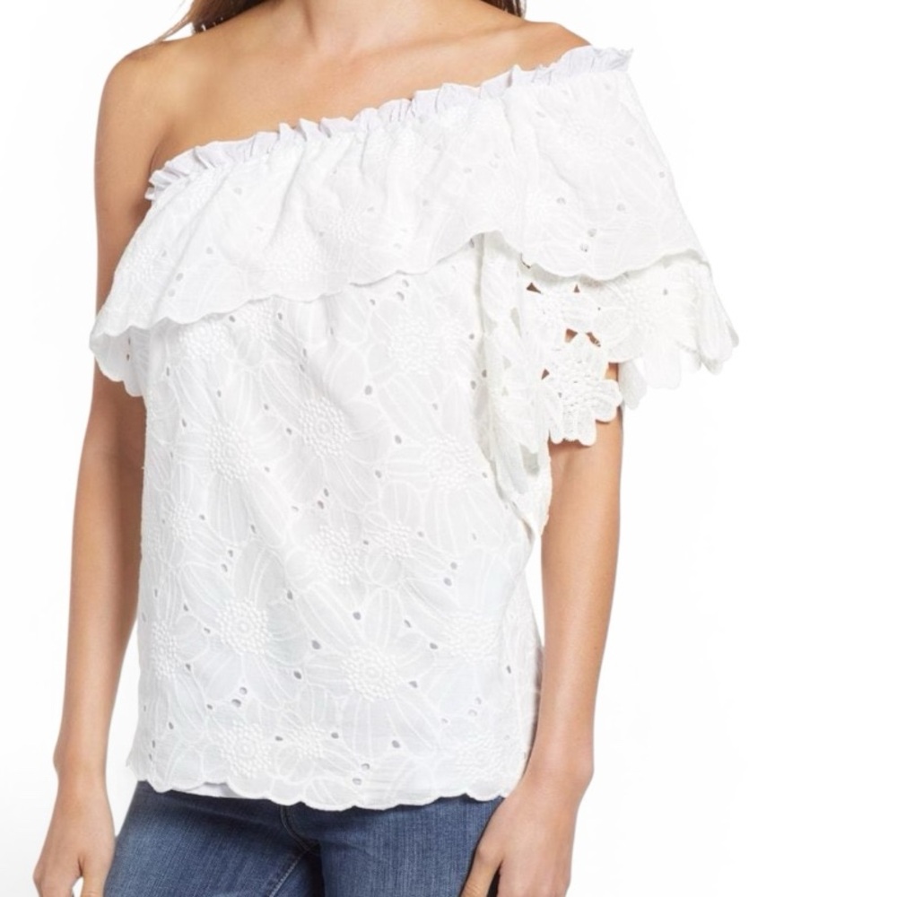KAS Off-Shoulder White Eyelet Ruffle Top S